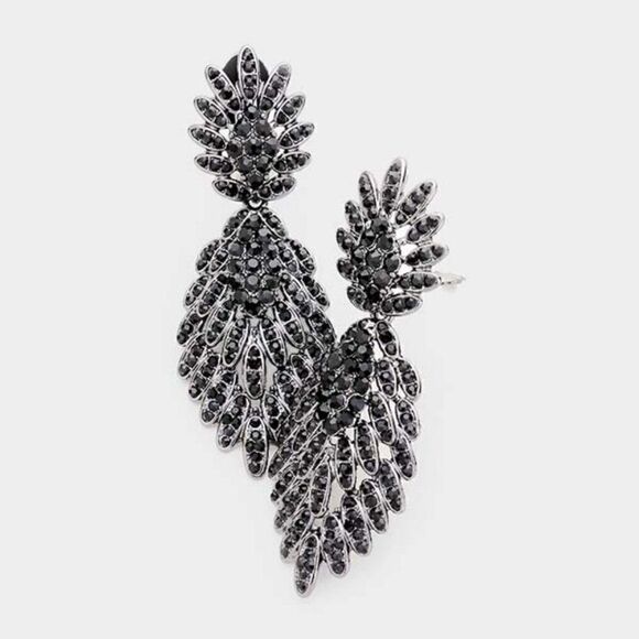 Feather Pave Black Crystal Clip On Earrings - Picture 1 of 6